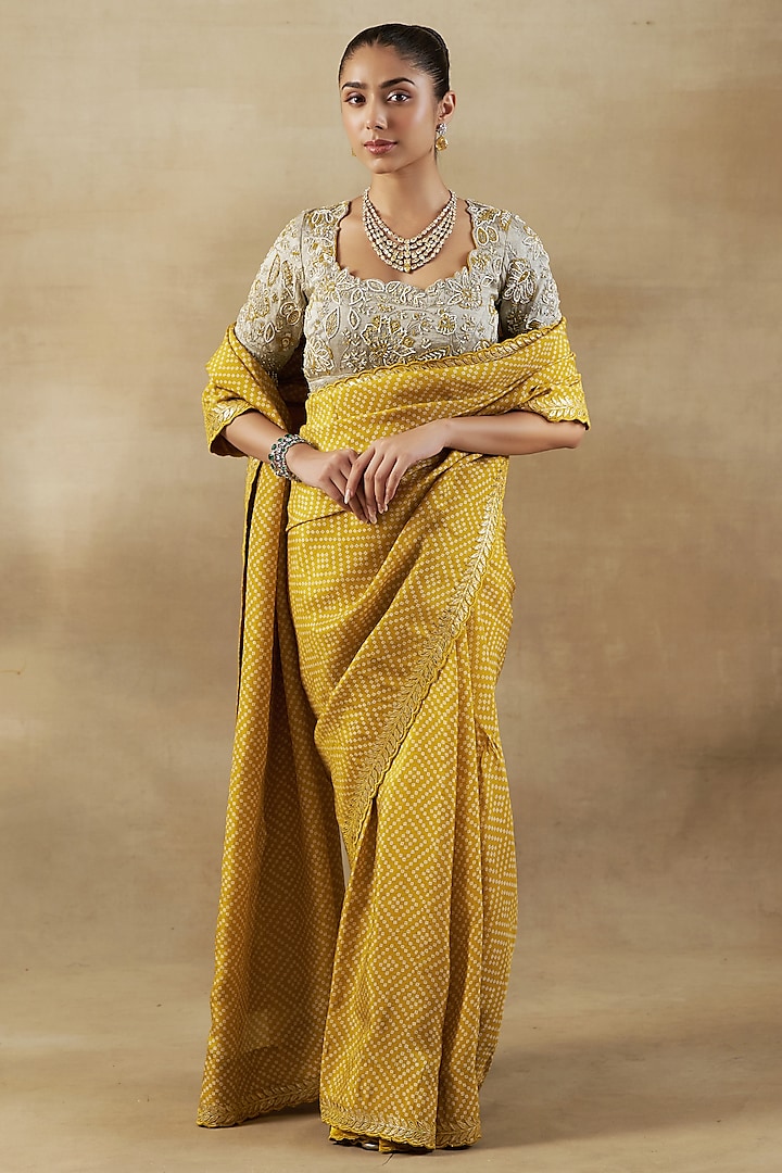 Yellow Bandhani Tissue Wedding Saree Set by SHALKII at Pernia's Pop Up Shop