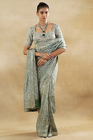 Green Bandhani Tissue Saree Set by SHALKII