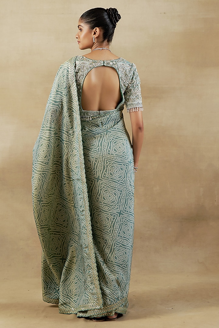 Green Bandhani Tissue Wedding Saree Set by SHALKII at Pernia's Pop Up Shop