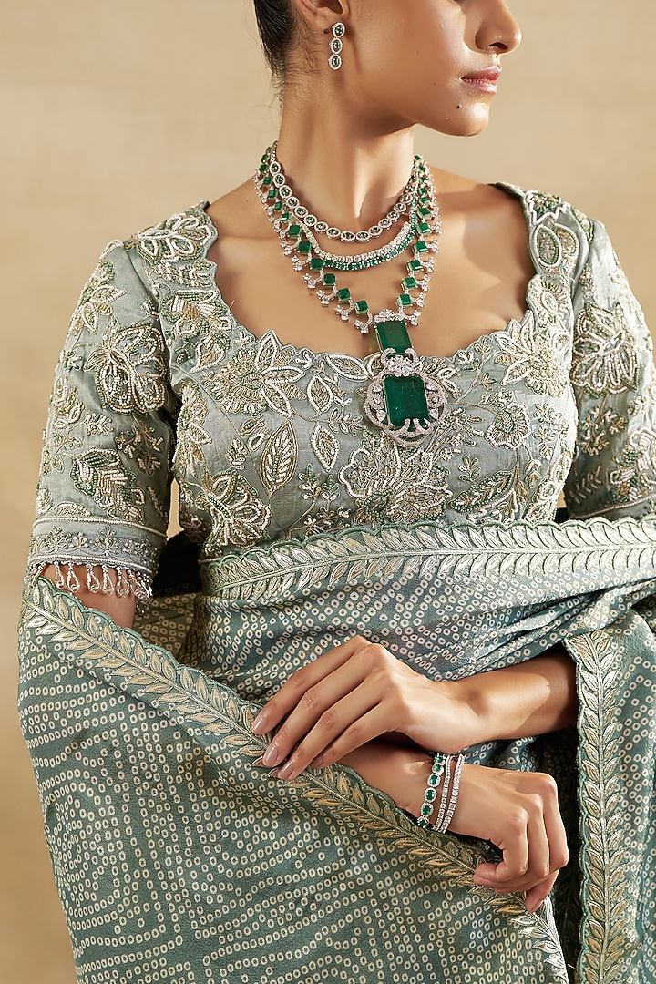 Green Bandhani Tissue Wedding Saree Set by SHALKII at Pernia's Pop Up Shop