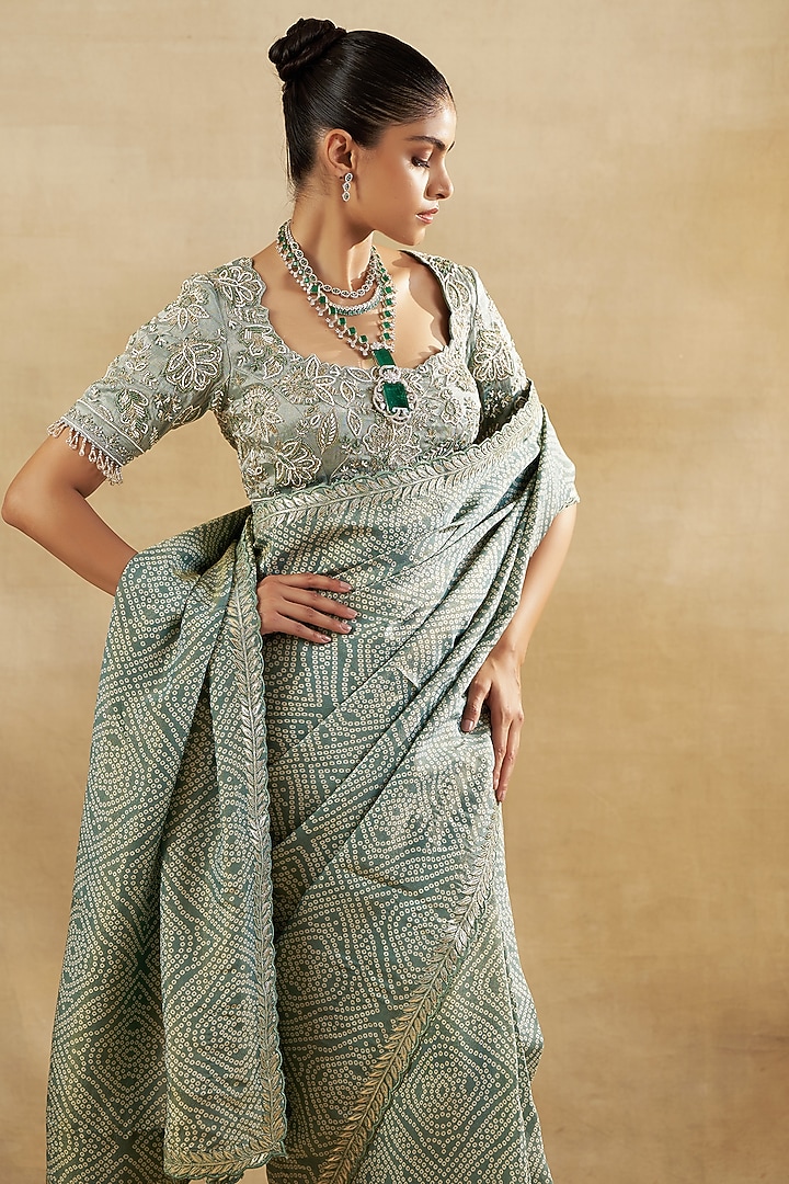 Green Bandhani Tissue Wedding Saree Set by SHALKII at Pernia's Pop Up Shop