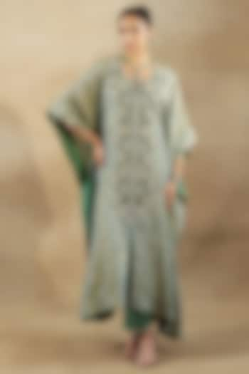 Green Bandhani Tissue Hand & Machine Embroidered Kaftan Set by SHALKII at Pernia's Pop Up Shop