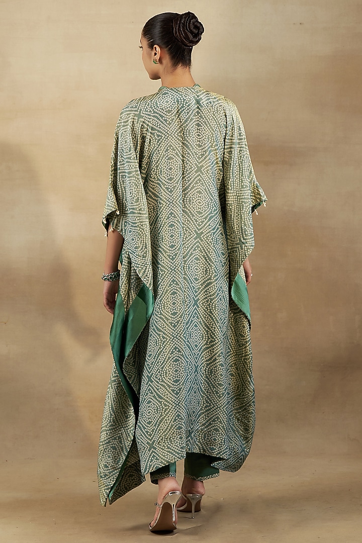 Green Bandhani Tissue Hand & Machine Embroidered Kaftan Set by SHALKII at Pernia's Pop Up Shop