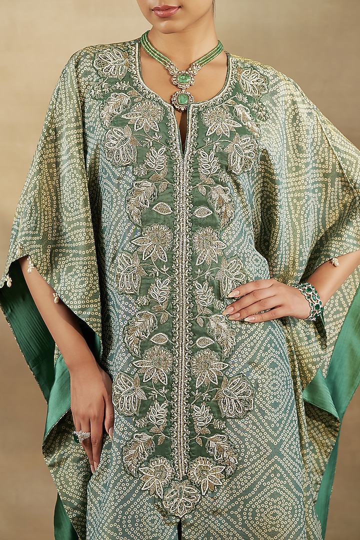 Green Bandhani Tissue Hand & Machine Embroidered Kaftan Set by SHALKII at Pernia's Pop Up Shop