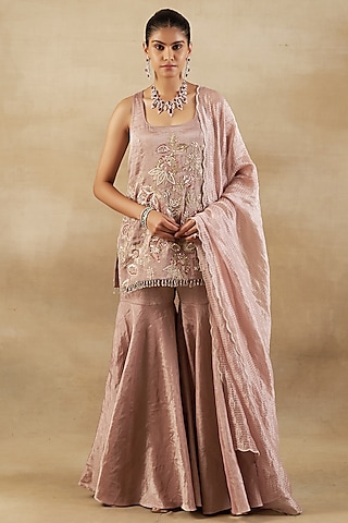 Nude Pure Handwoven Tissue Zari Fabric Gharara Set by SHALKII