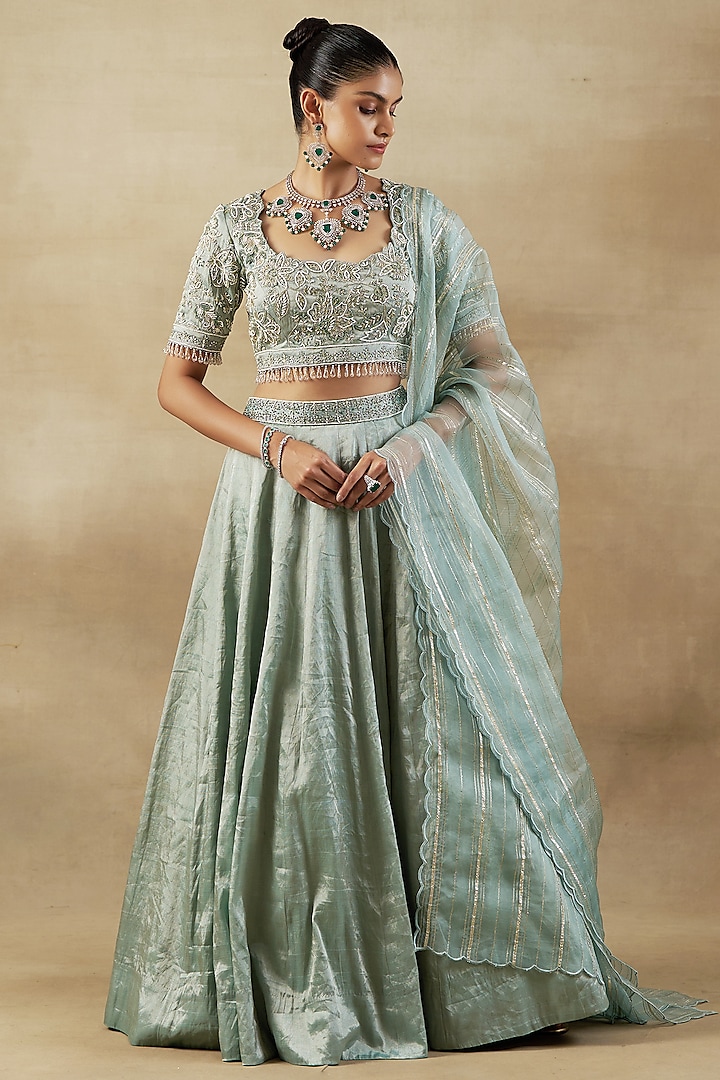 Green Pure Handwoven Tissue Zari Fabric Wedding Lehenga Set by SHALKII at Pernia's Pop Up Shop