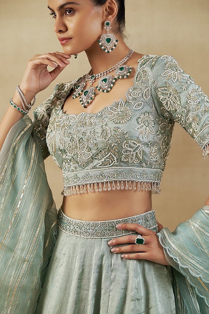 Green Pure Handwoven Tissue Zari Fabric Wedding Lehenga Set by SHALKII at Pernia's Pop Up Shop