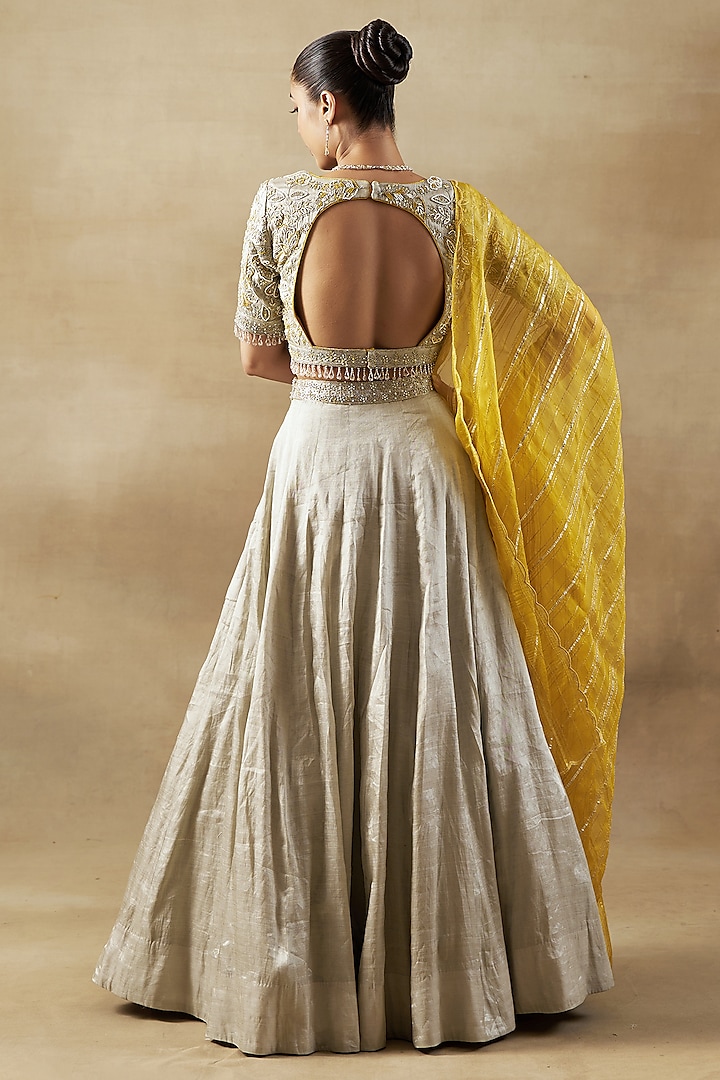 Silver Pure Handwoven Tissue Zari Fabric Wedding Lehenga Set by SHALKII at Pernia's Pop Up Shop
