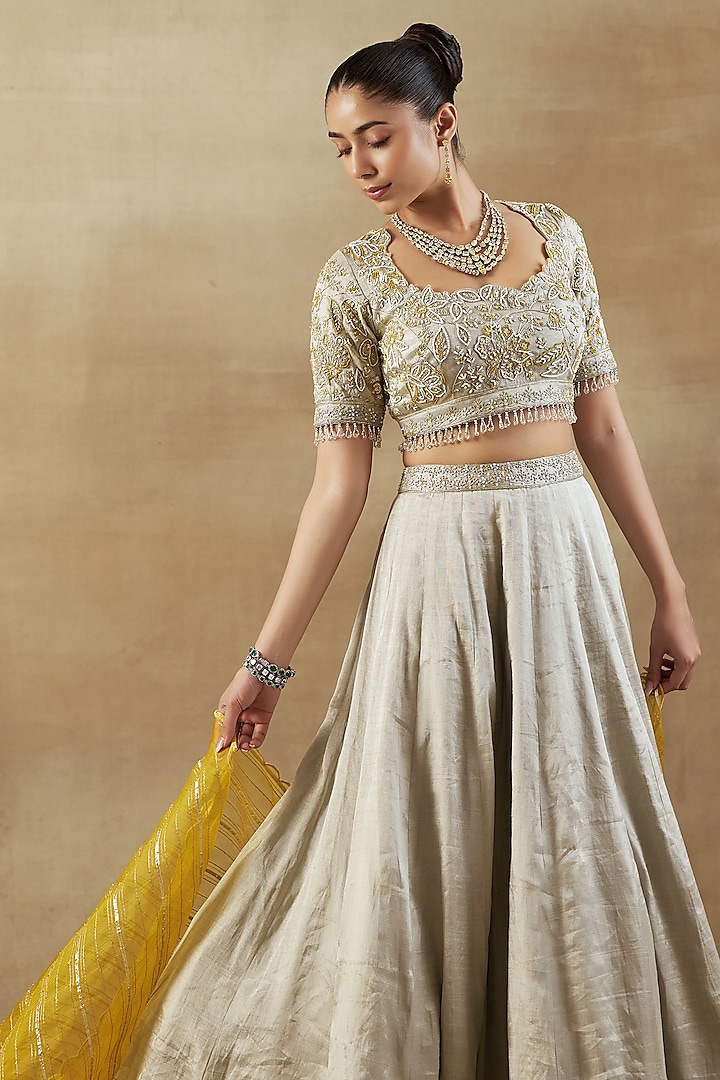 Silver Pure Handwoven Tissue Zari Fabric Wedding Lehenga Set by SHALKII at Pernia's Pop Up Shop