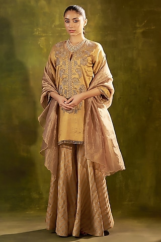 Gold Pure Handwoven Tissue Zari Fabric Checkered Gharara Set by SHALKII