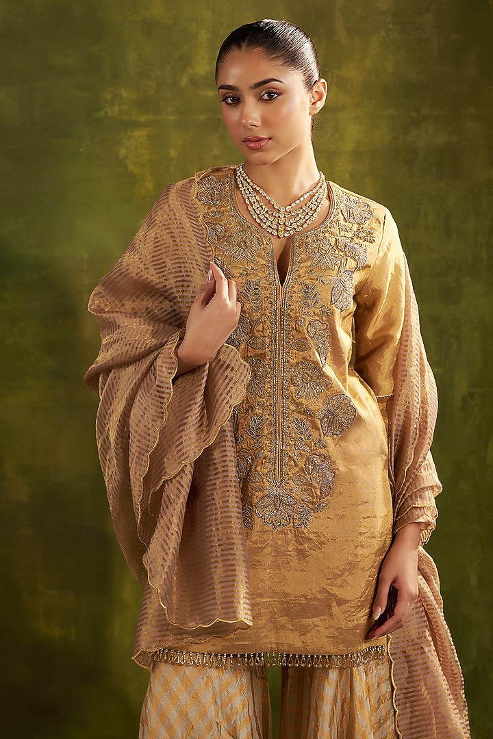 Gold Pure Handwoven Tissue Zari Fabric Checkered Gharara Set by SHALKII at Pernia's Pop Up Shop