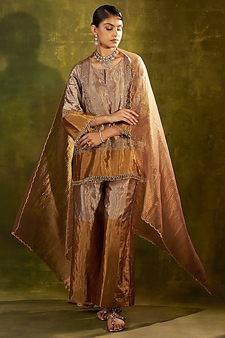 Gold Pure Handwoven Tissue Zari Fabric Dabka Embroidered Kurta Set by SHALKII
