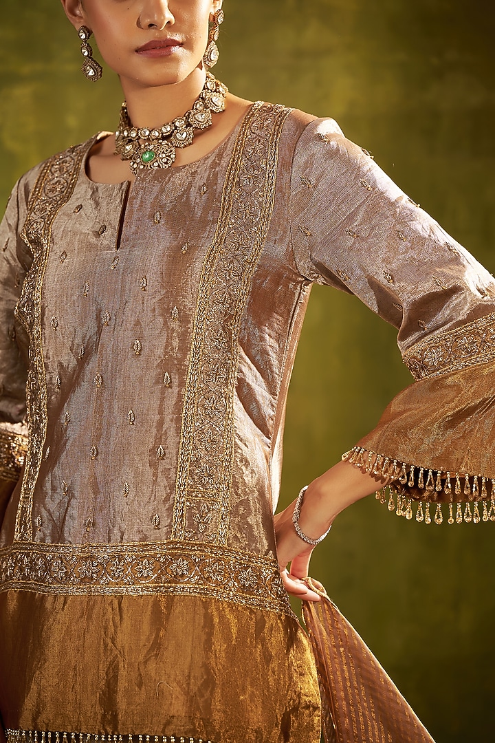 Gold Pure Handwoven Tissue Zari Fabric Dabka Embroidered Kurta Set by SHALKII at Pernia's Pop Up Shop