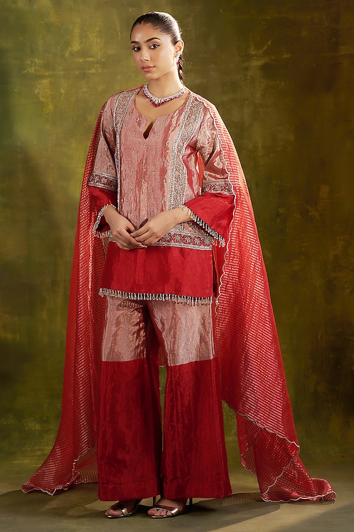 Red Pure Handwoven Tissue Zari Fabric Dabka Embroidered Kurta Set by SHALKII at Pernia's Pop Up Shop