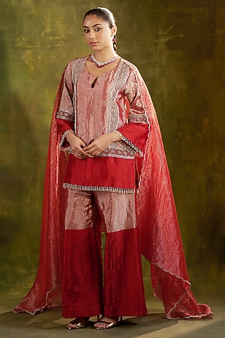 Red Pure Handwoven Tissue Zari Fabric Dabka Embroidered Kurta Set by SHALKII