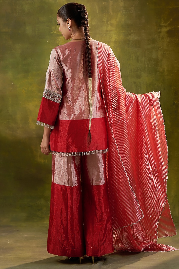 Red Pure Handwoven Tissue Zari Fabric Dabka Embroidered Kurta Set by SHALKII at Pernia's Pop Up Shop