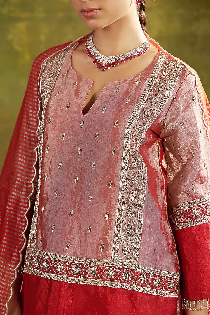 Red Pure Handwoven Tissue Zari Fabric Dabka Embroidered Kurta Set by SHALKII at Pernia's Pop Up Shop
