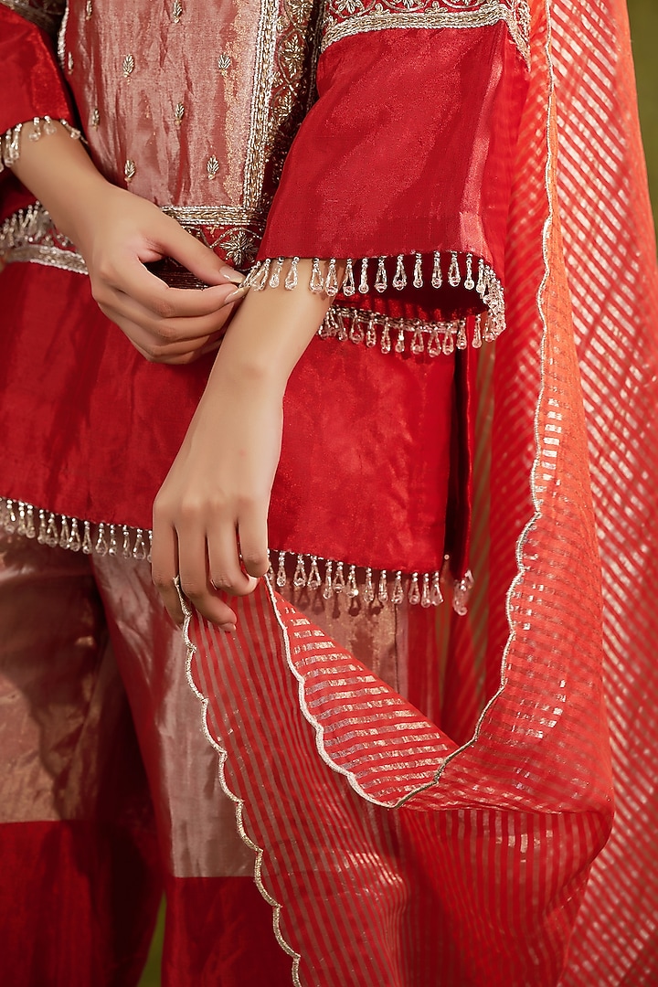 Red Pure Handwoven Tissue Zari Fabric Dabka Embroidered Kurta Set by SHALKII at Pernia's Pop Up Shop