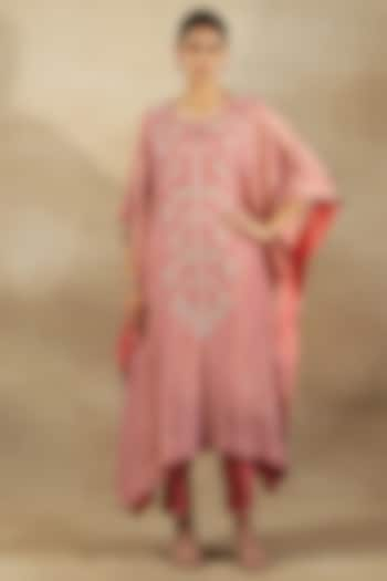 Peach Bandhani Tissue Hand & Machine Embroidered Kaftan Set by SHALKII at Pernia's Pop Up Shop