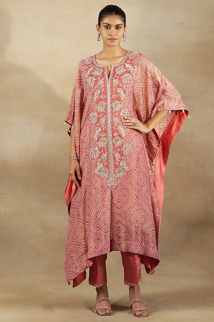 Peach Bandhani Tissue Hand & Machine Embroidered Kaftan Set by SHALKII at Pernia's Pop Up Shop