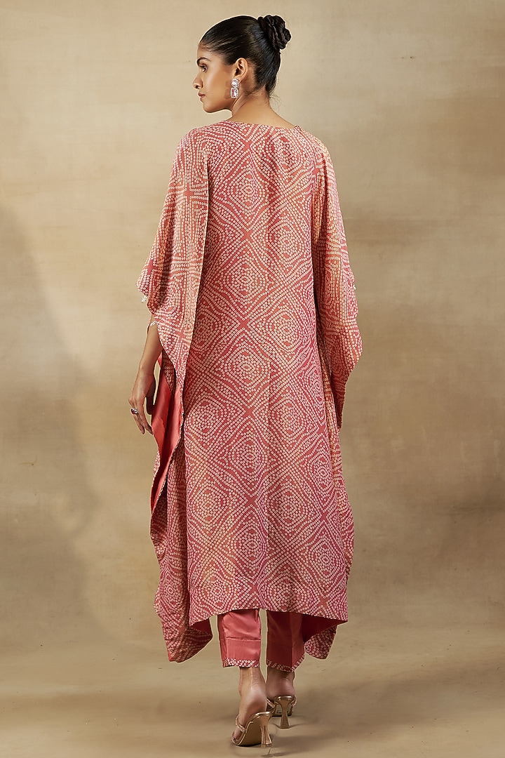 Peach Bandhani Tissue Hand & Machine Embroidered Kaftan Set by SHALKII at Pernia's Pop Up Shop
