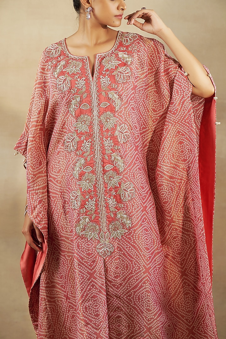 Peach Bandhani Tissue Hand & Machine Embroidered Kaftan Set by SHALKII at Pernia's Pop Up Shop