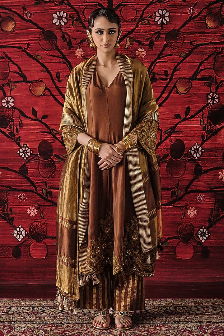 Brown Habutai Silk Sequins Embroidered Kurta Set by SHALKII at Pernia's Pop Up Shop