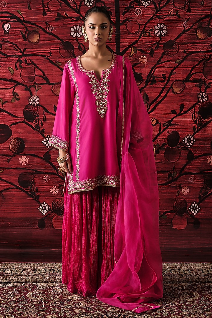 Pink Silk Crinkled Gharara Set by SHALKII at Pernia's Pop Up Shop