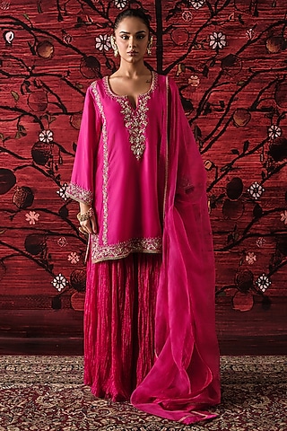 Pink Silk Crinkled Gharara Set by SHALKII