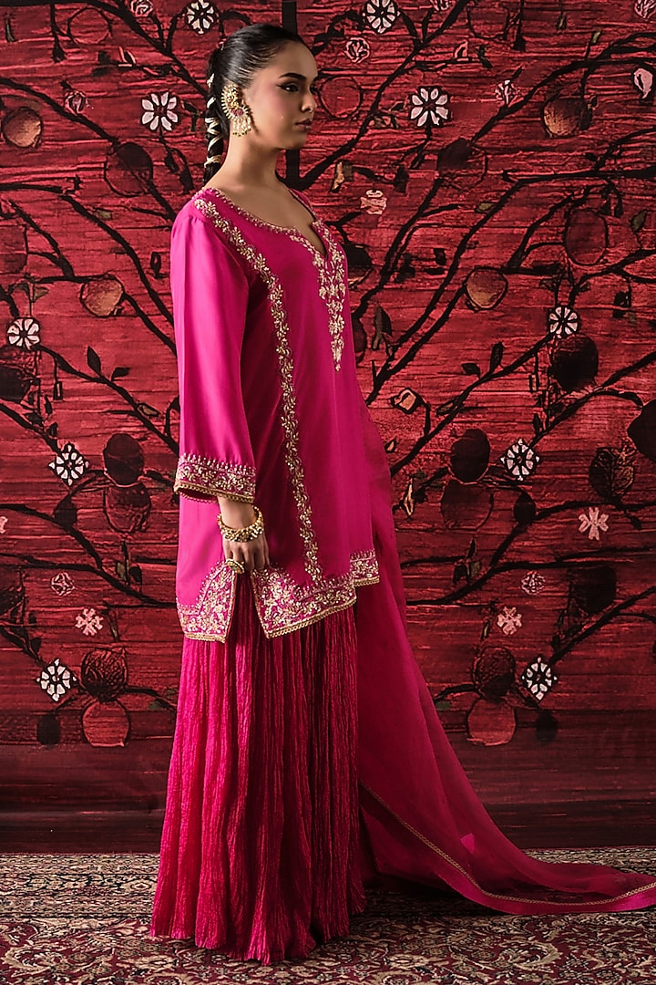 Pink Silk Crinkled Gharara Set by SHALKII at Pernia's Pop Up Shop