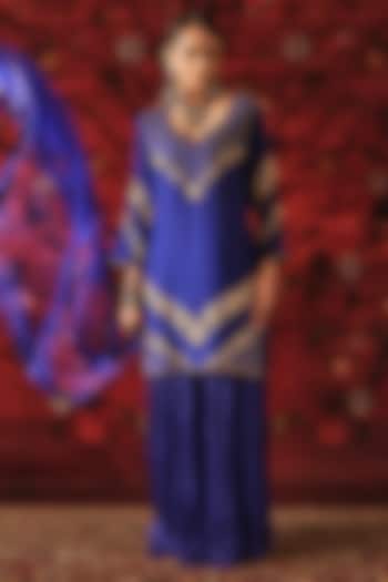 Blue Silk Crinkled Gharara Set by SHALKII at Pernia's Pop Up Shop