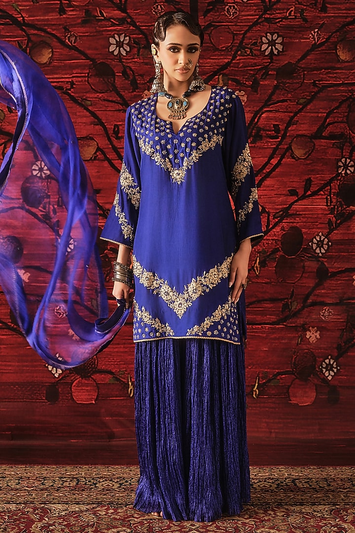 Blue Silk Crinkled Gharara Set by SHALKII at Pernia's Pop Up Shop