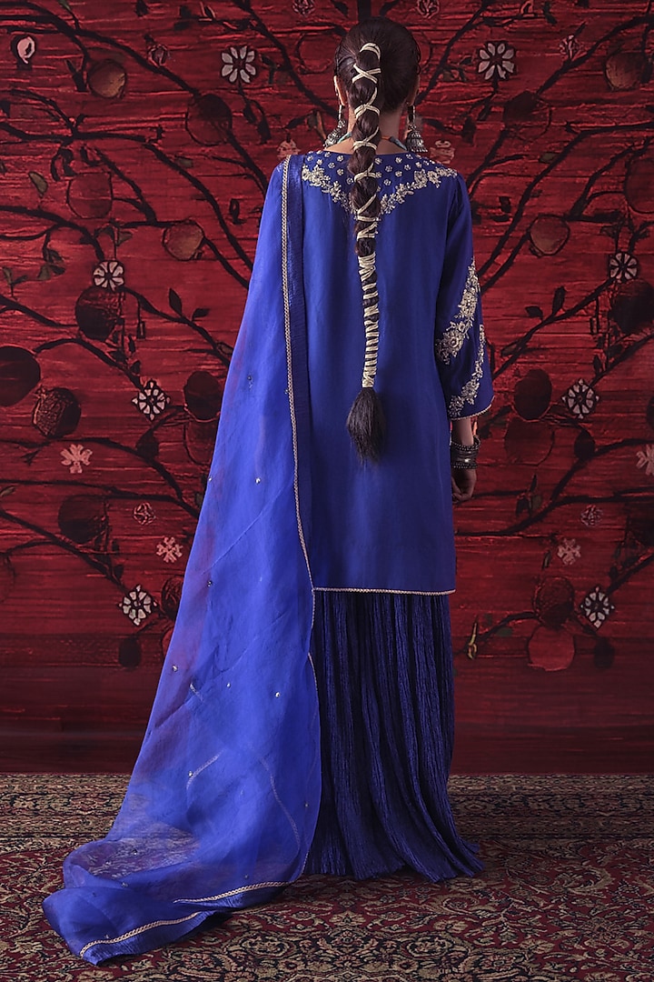 Blue Silk Crinkled Gharara Set by SHALKII at Pernia's Pop Up Shop