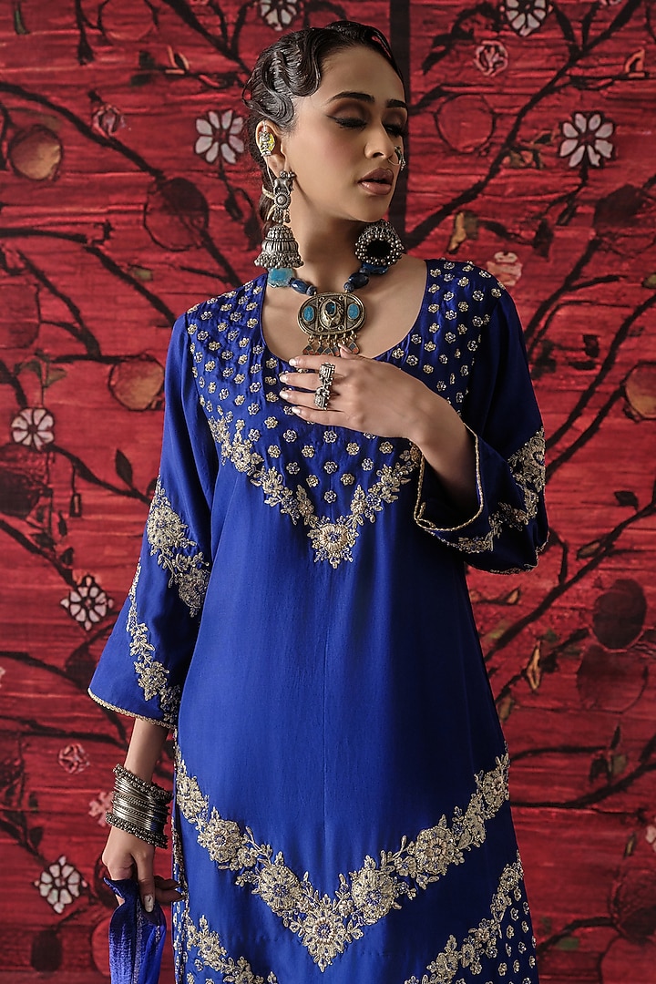 Blue Silk Crinkled Gharara Set by SHALKII at Pernia's Pop Up Shop