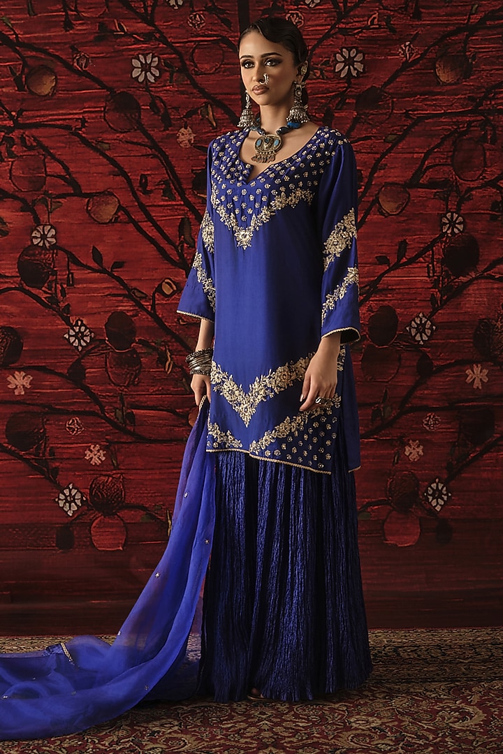 Blue Silk Crinkled Gharara Set by SHALKII at Pernia's Pop Up Shop