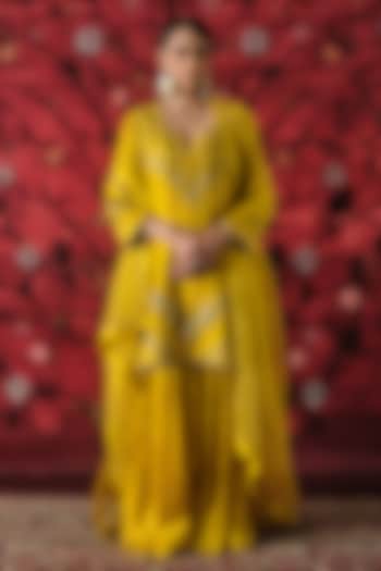 Yellow Silk Crinkled Gharara Set by SHALKII at Pernia's Pop Up Shop