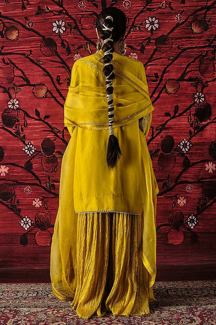 Yellow Silk Crinkled Gharara Set by SHALKII at Pernia's Pop Up Shop