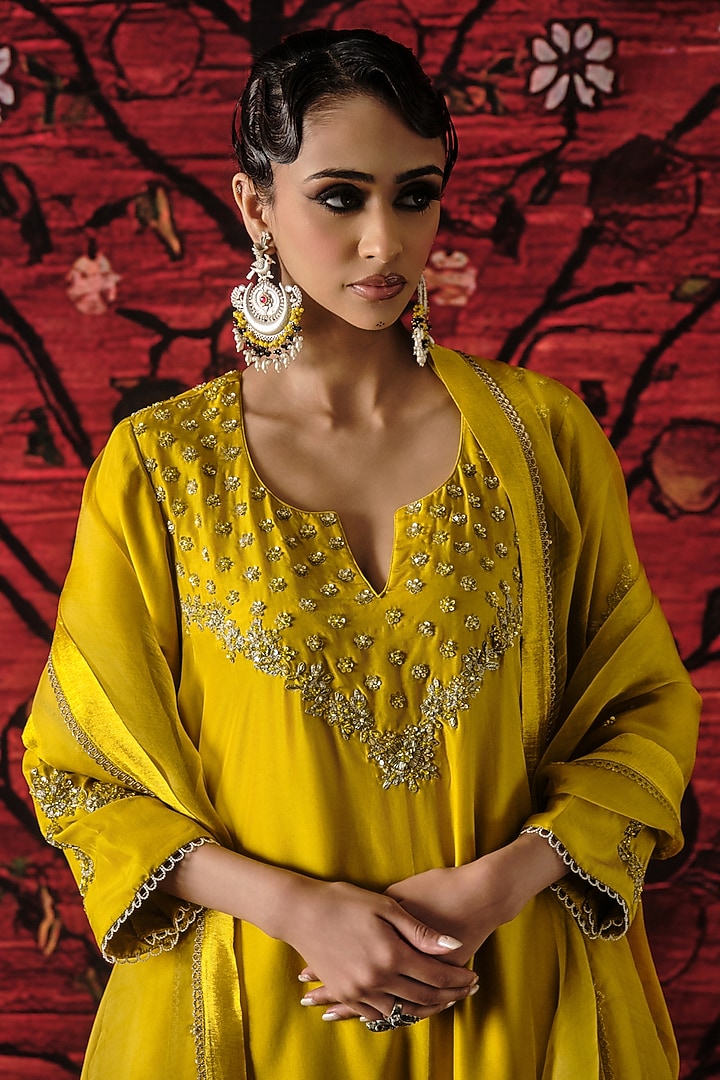 Yellow Silk Crinkled Gharara Set by SHALKII at Pernia's Pop Up Shop
