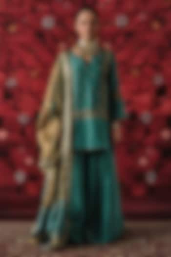 Teal Green Silk Gharara Set by SHALKII at Pernia's Pop Up Shop
