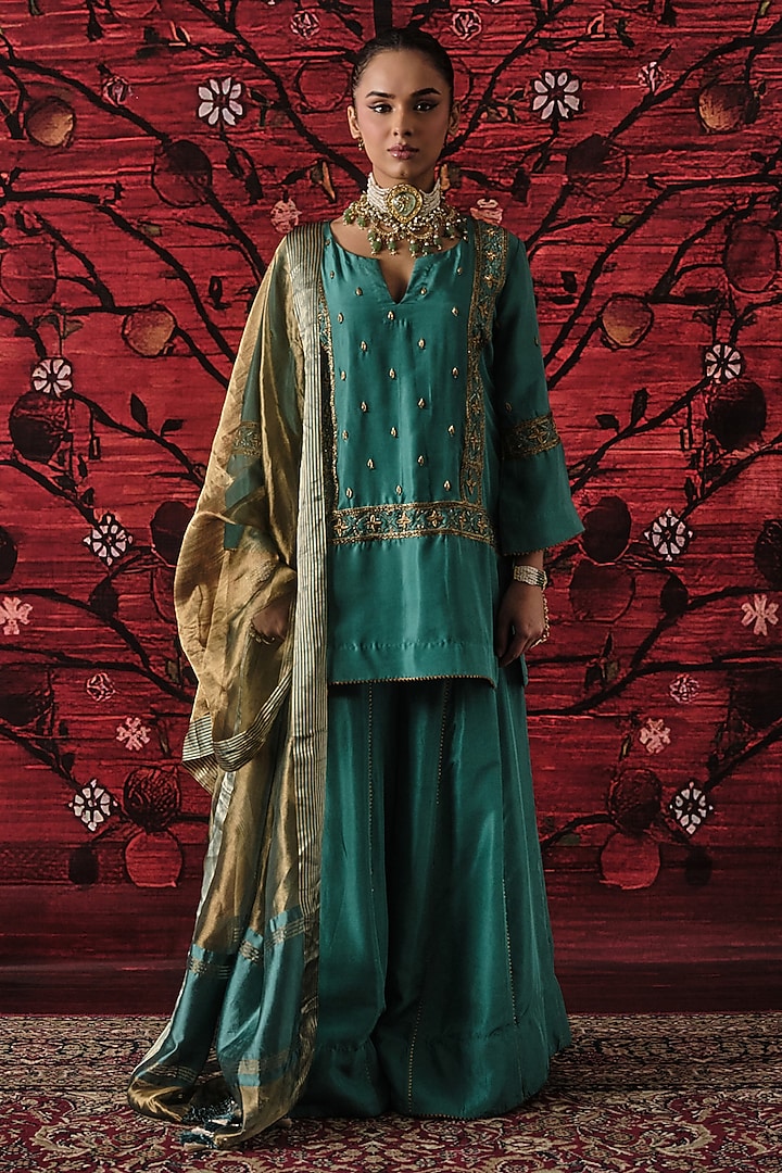 Teal Green Silk Gharara Set by SHALKII at Pernia's Pop Up Shop
