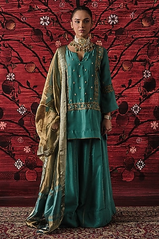 Teal Green Silk Gharara Set by SHALKII