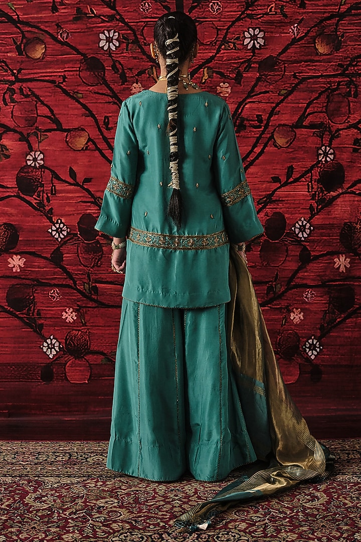 Teal Green Silk Gharara Set by SHALKII at Pernia's Pop Up Shop