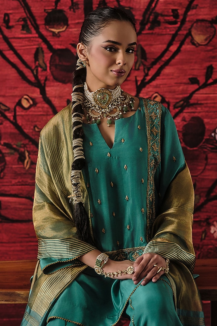 Teal Green Silk Gharara Set by SHALKII at Pernia's Pop Up Shop