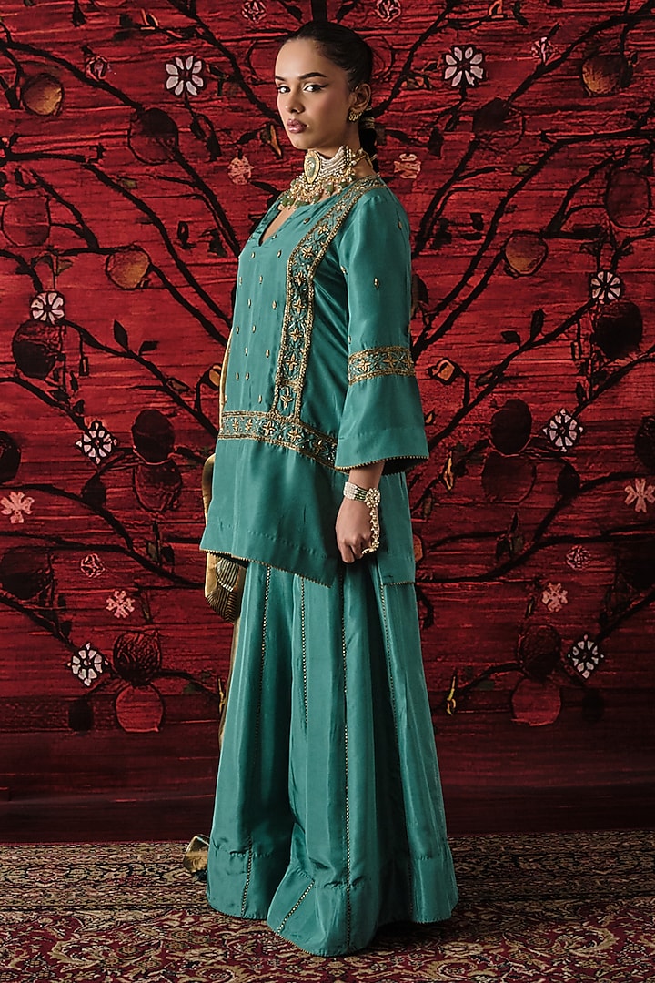 Teal Green Silk Gharara Set by SHALKII at Pernia's Pop Up Shop