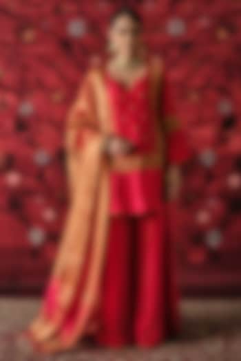 Red Silk Gharara Set by SHALKII at Pernia's Pop Up Shop