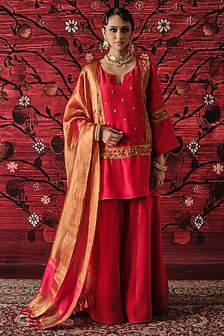 Red Silk Gharara Set by SHALKII