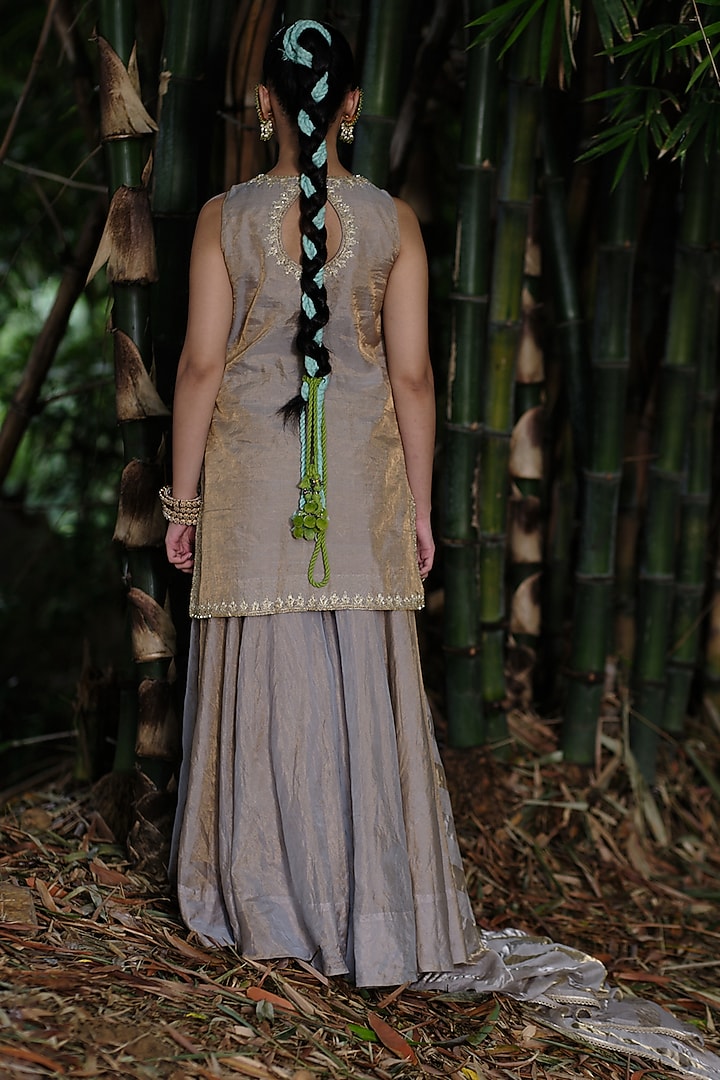 Grey Silk Tissue Gharara Set by SHALKII at Pernia's Pop Up Shop