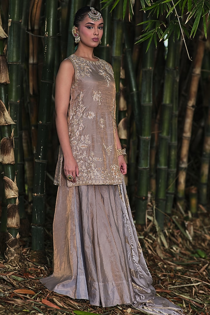 Grey Silk Tissue Gharara Set by SHALKII at Pernia's Pop Up Shop