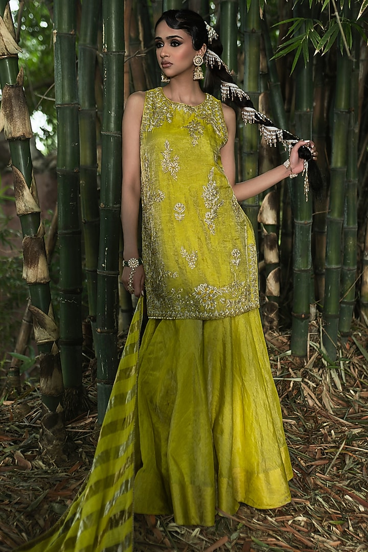Yellow Silk Tissue Gharara Set by SHALKII at Pernia's Pop Up Shop