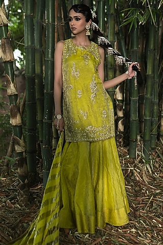 Yellow Silk Tissue Gharara Set by SHALKII